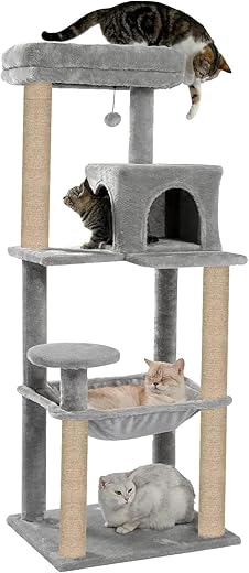FURRLOVERS Condo Fur Fabric Activity Kitten Cat Tree | Hammock | Hanging Ball | Scratching Posts | Jute Rope (Height 55 Inch) (Grey - FURR-54)