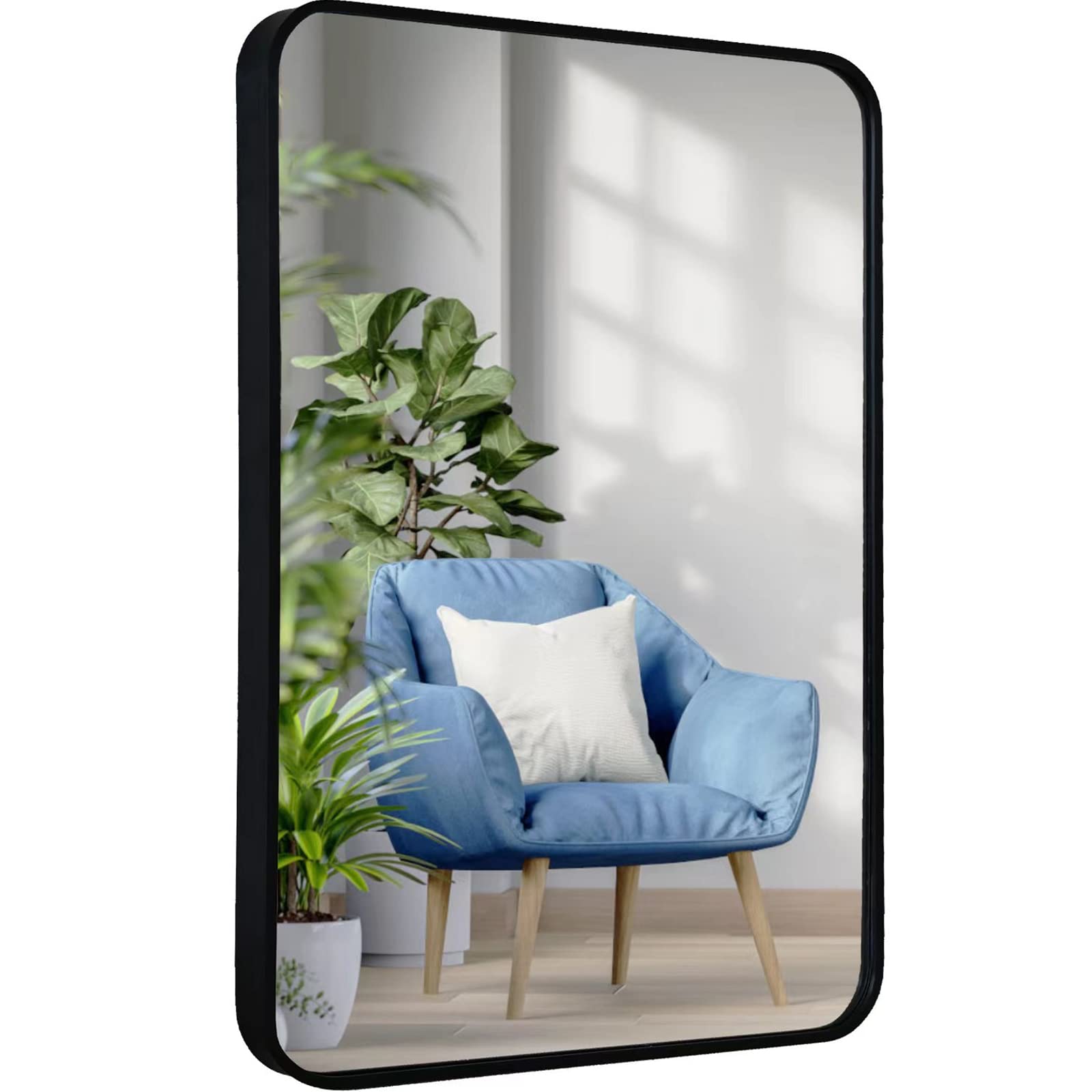 Black Bathroom Mirror 20x30 Inch, Rectangle Mirror for Wall, Decorative Black Wall Mirror for Bathroom, Bedroom, Living Room, Rounded Corner Wall Mirror Hangs Horizontal Or Vertical