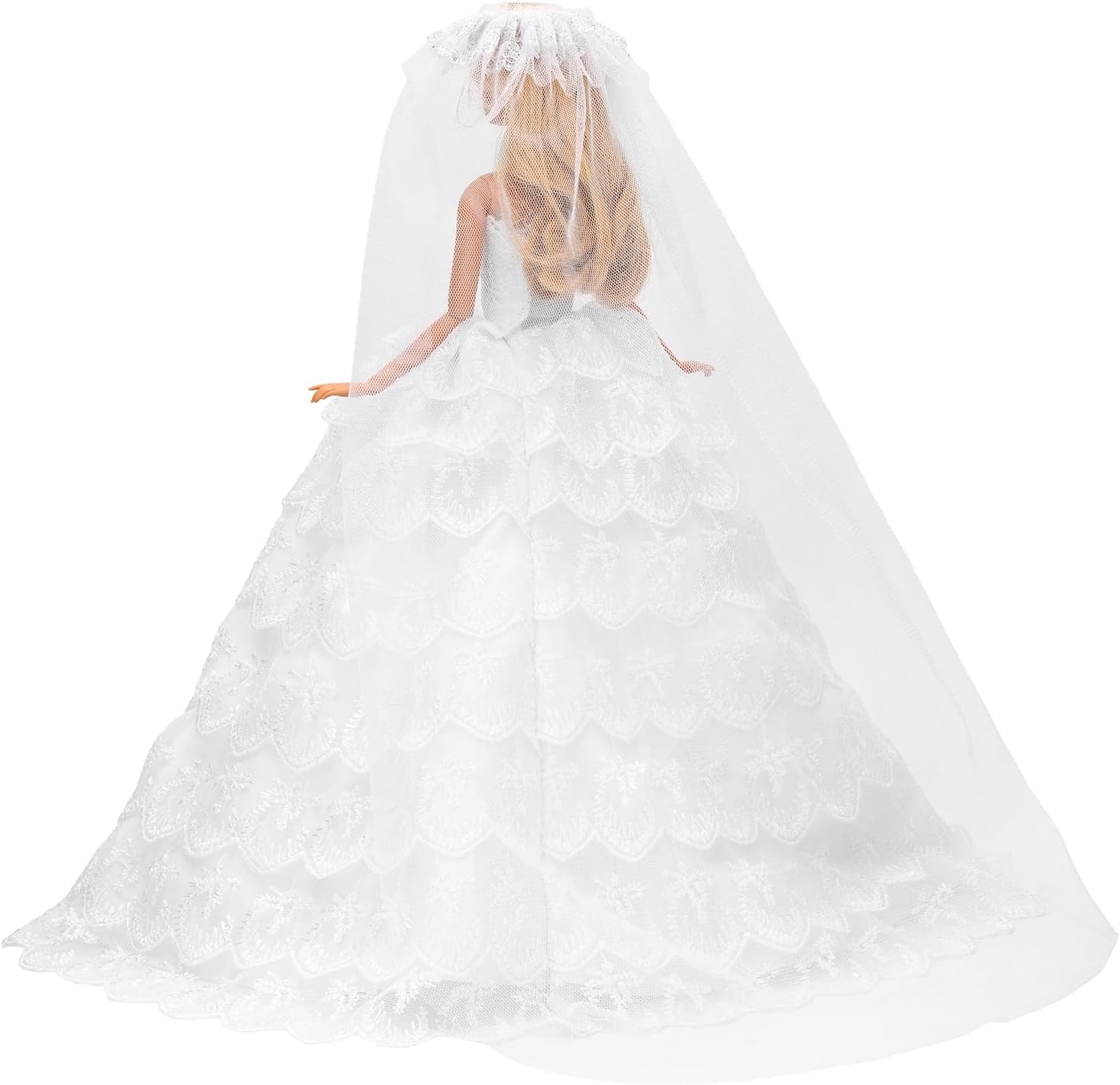 BARWA Long Wedding Dress with Long Veil Evening Party Princess White Lace Gown Dress for 11.5 Inch Girl Dolls