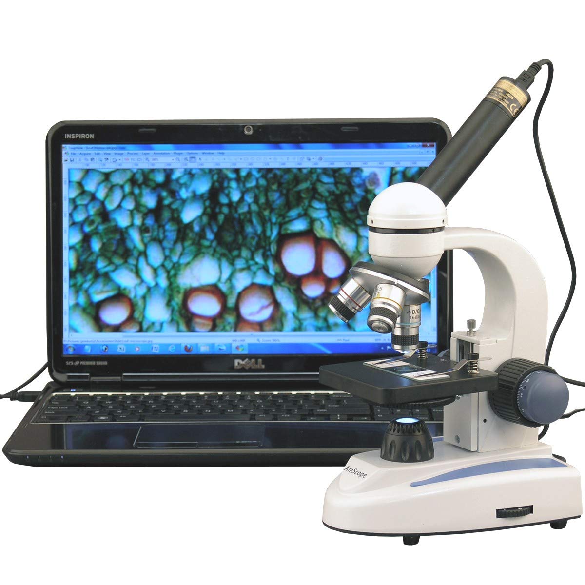 AmScope40X-1000X LED Cordless All-Metal Framework Full-Glass Optical Lens Student Compound Microscope with Coarse & Fine Focusing + Digital Camera USB Imager