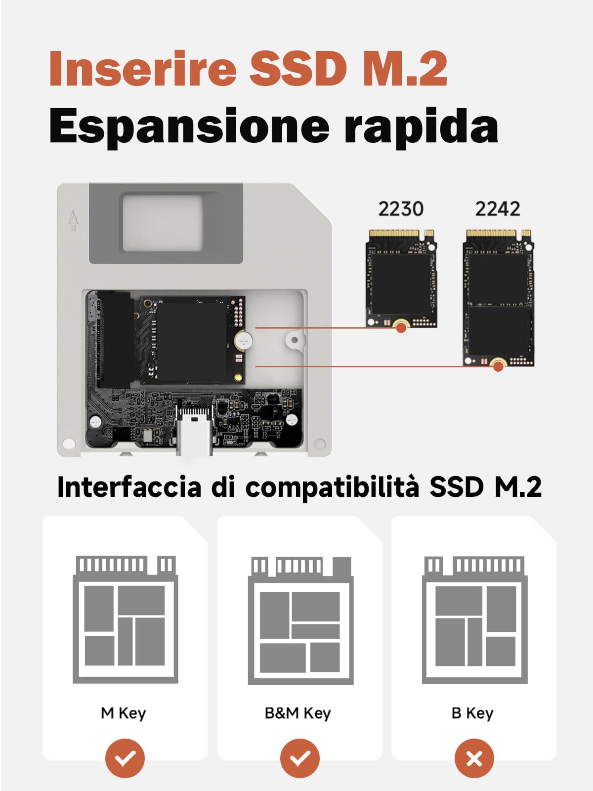 Hagibis Alloggiamento SSD, stile floppy disk USB 3.2 Gen2 10Gbps a NVMe PCI-E M.2 2230/2242 SSD Case, M.2 custodia per disco rigido esterno per MacBook Laptop iPad Android iPhone 17 Pro Max (grigio)