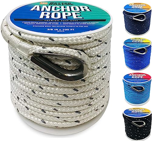 Image of Better Boat Premium Anchor Rope, 100 Ft Double Braided White Nylon Marine | Line, Reflective 3 /8 Inch Reel for Anchors and Boats, White