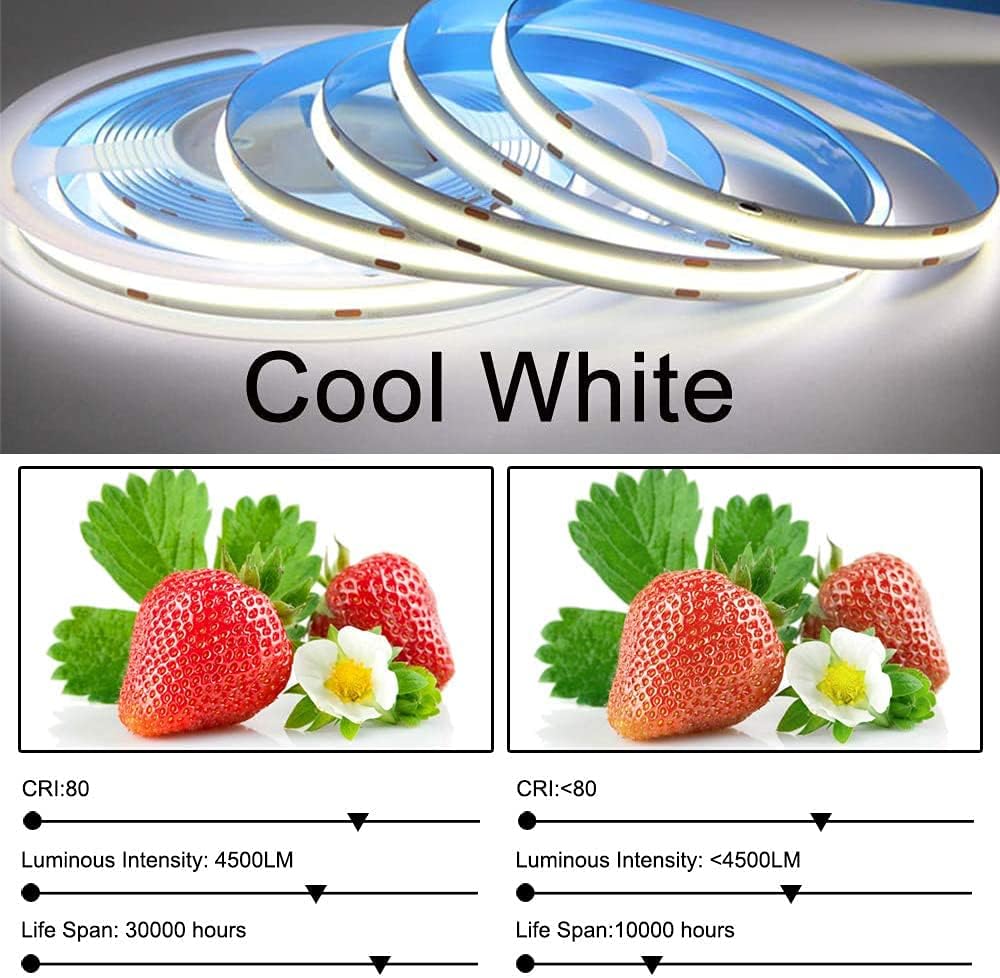 LEDMO LED Strip Lights LED Strip DC 12V 32.8Ft White 6000K 15Lm LED High CRI80 COB LED Light Strips for Mirror Kitchen Cabinet Bedroom