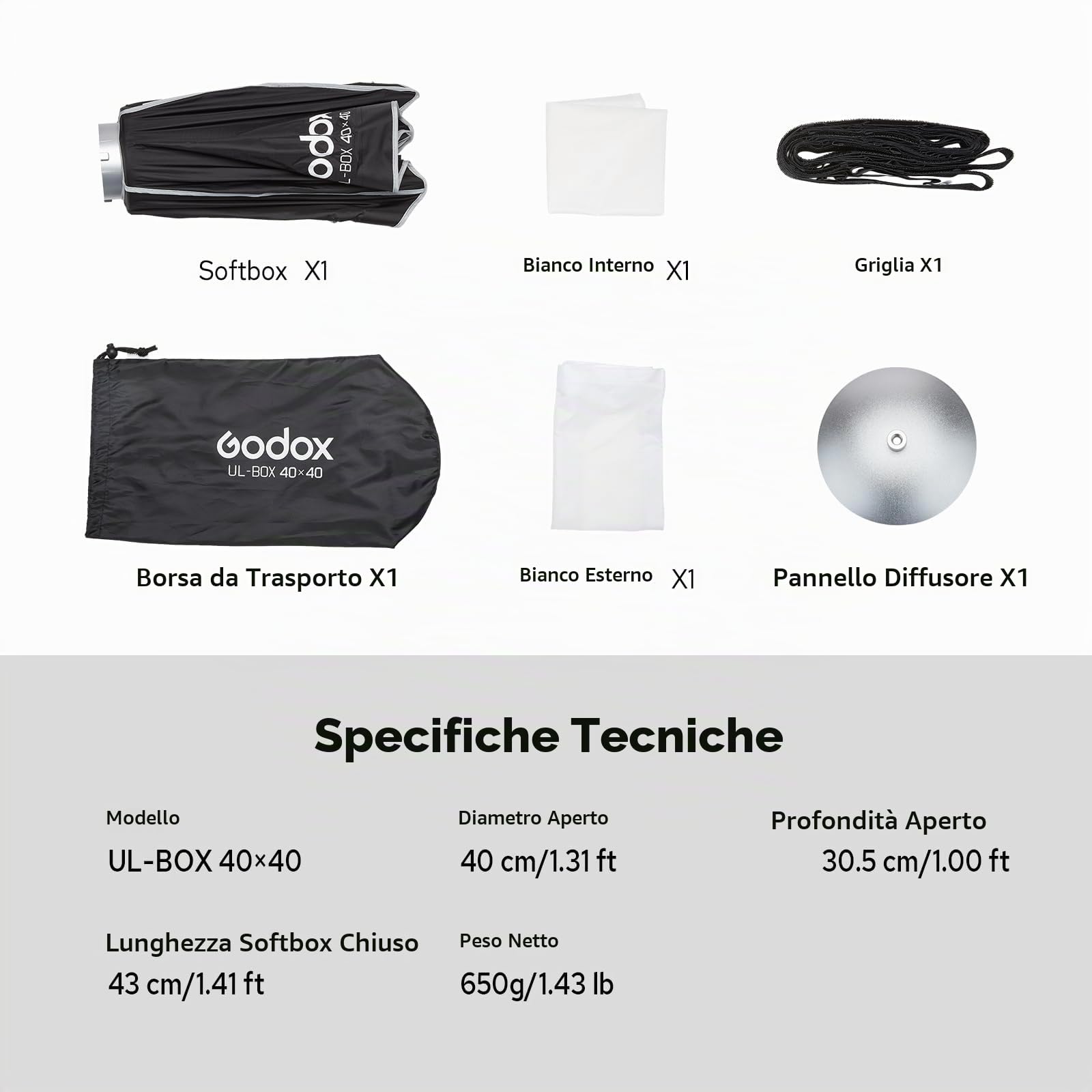 Godox UL-Box 40x40 centimetri / 16x16 pollici Ombrello Softbox a rilascio rapido - Softbox quadrato con diffusori e configurazione rapida, compatibile con il supporto Bowens