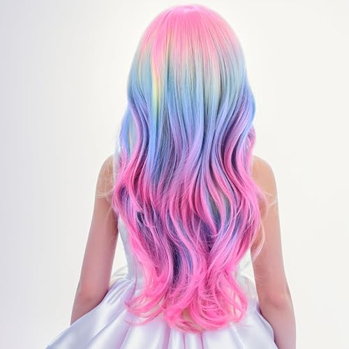 Miniatura 5 de Pelucas coloridas para niños, larga, rizada, ondulada, multicolor, para niñas, peluca de arco iris, peluca sintética de color, para cosplay, fiesta,