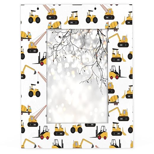 Truck Forklift 5x7 Picture Frame Big Car Yellow Excavator Photo Frame Wooden Picture Photo Frame Collage Decor for Wall Mounting or Tabletop Display Wall Hanging Picture Frame