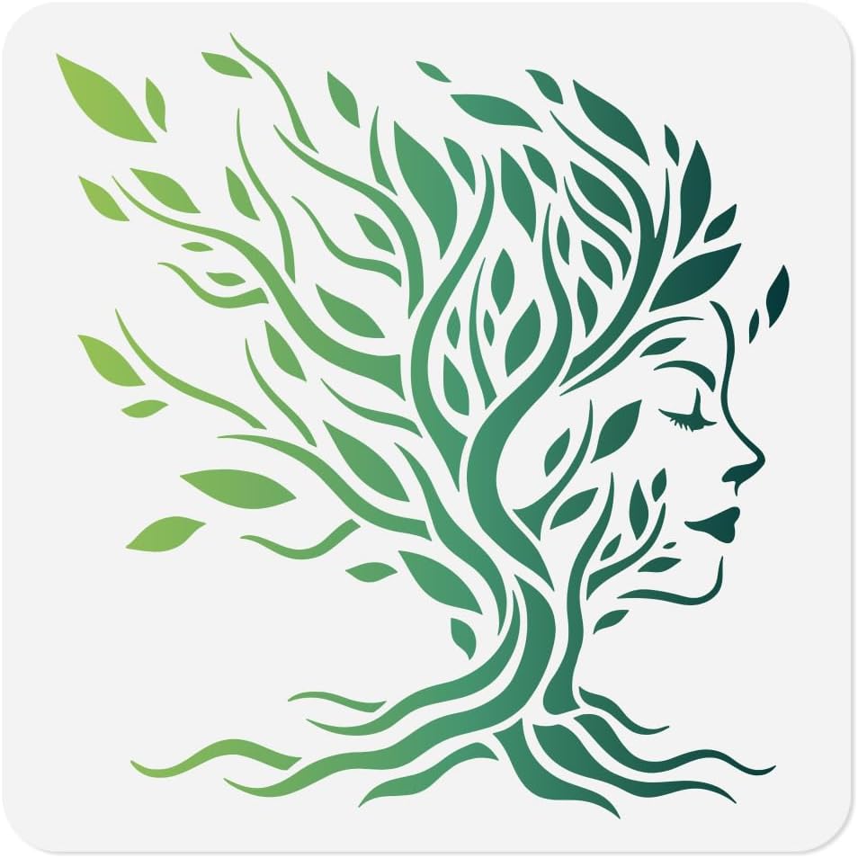 Tree Women Face Stencil Painting 30 x 30 cm Large Stencils Drawing Templates Made of Plastic The Motif Tree of Life Woman Leaves DIY Craft Color Template Wall Home Decor Wood Burning Card