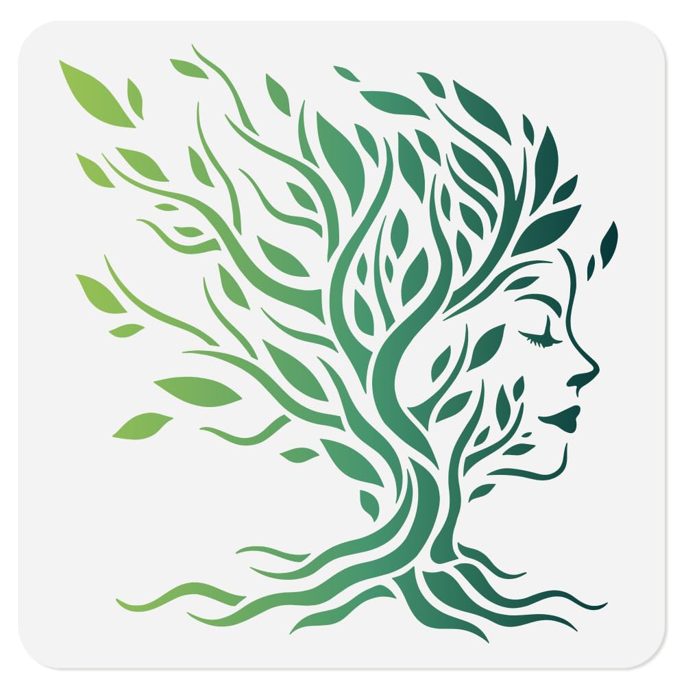 DOODLREAM Tree Woman Face Stencil for Painting, 11.8"x11.8" Plastic Tree of Life Stencil Drawing Templates, Woman Leaves DIY Craft Paint Template for Wall Home Decor Wood Burning Card Journal Paper