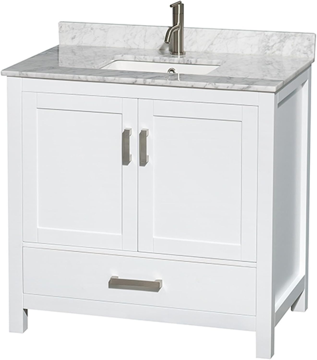 Wyndham Collection Sheffield 36 inch Single Bathroom Vanity in White, White Carrara Marble Countertop, Undermount Square Sink, and No Mirror