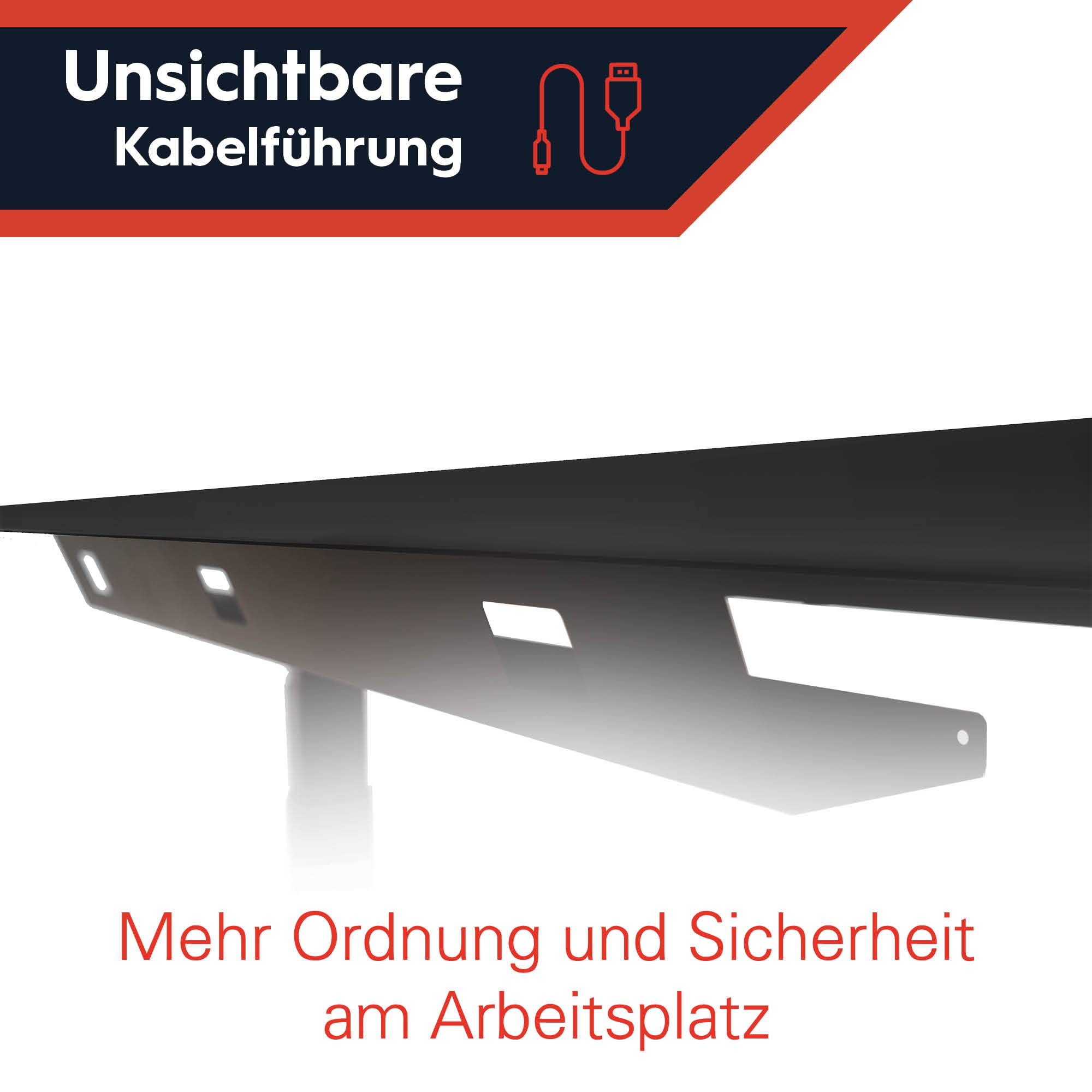 Premium Kabelwanne 110cm einteilig | Der Kabelkanal für effektives Kabelmanagement am Schreibtisch für Dein Büro | Kabelhalter fix (schwarz)