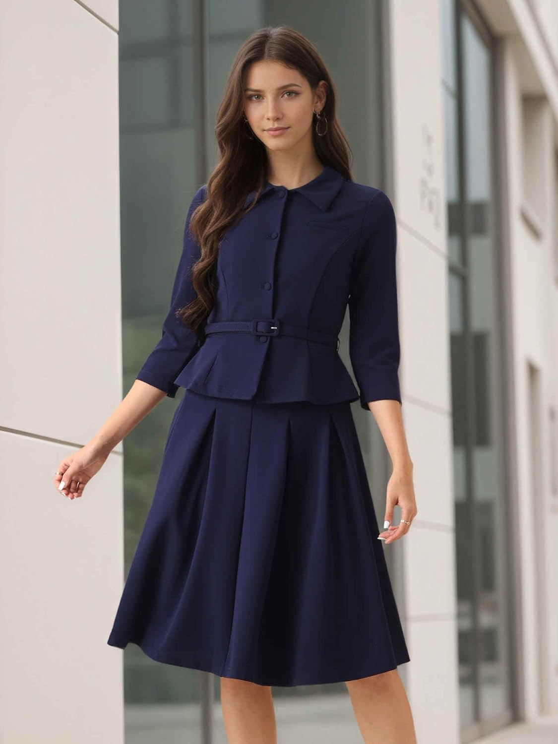 Allegra K Business Skirt Suit Sets for Women's 2 Piece Outfits Office 3/4 Sleeve Blazer Jacket Pleated Skirts - Image 3