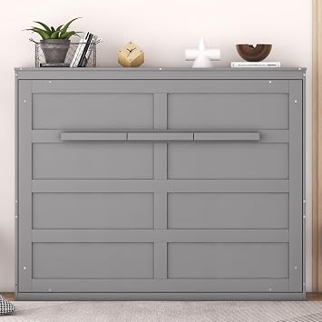 Foldable Murphy Bed Full Size, Pull-Down Wall Bed,Space-Saving Cube Cabinet Bed Multipurpose for Guest Room Home Office-Gray