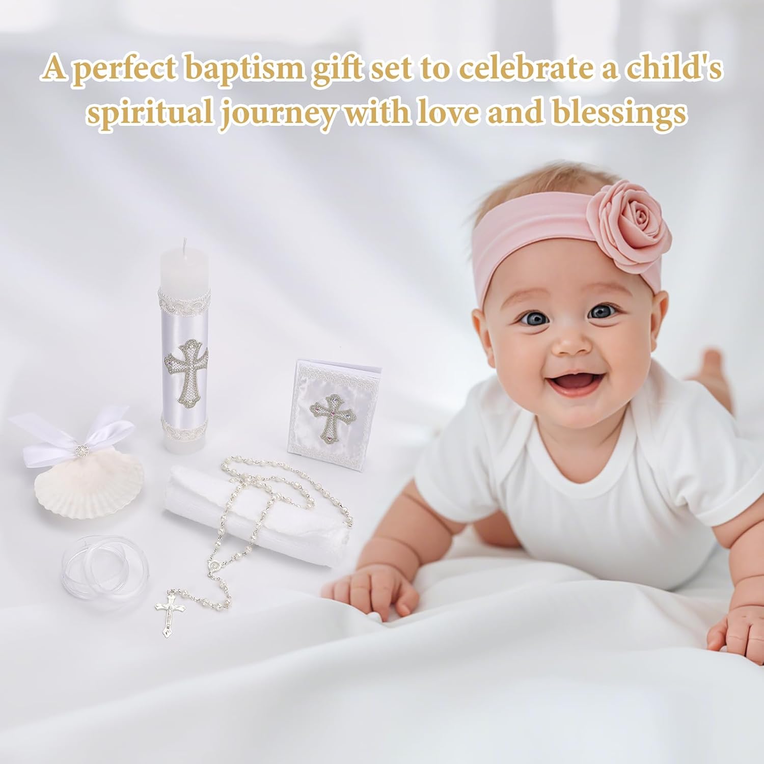5 PCS Baptism Candle Set for Boys and Girls,White Baptism Kit Candle,Towel,Shell,Rosary andBible for Baptismal Christening First Communion Gift,Velas para Bautizo De Niño o Niña