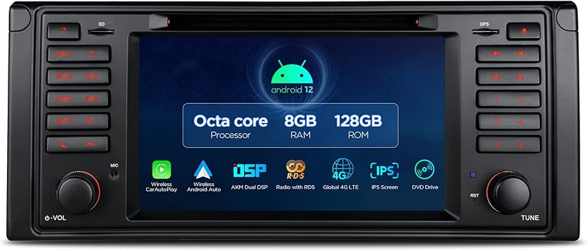 XTRONS Single Din Car Stereo for BMW E39 M5, Android 12 Octa Core 8GB+128GB Car Radio DVD Player, 7 Touch Screen GPS Navigation for Car Bluetooth Head Unit Built-in DSP Car Play Android Auto 4G LTE