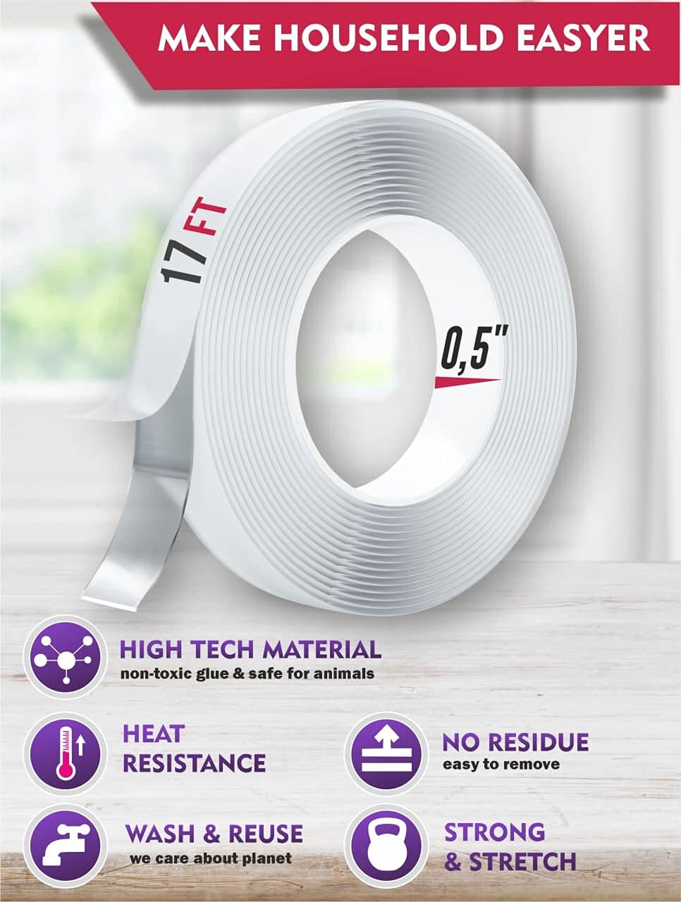 Double Sided Tape Heavy Duty - 17Ft, 1 Inch - Removable Mounting Tape - Strong Adhesive, Washable and Reusable - Wall Tape for Picture Photo Carpet Decoration - Poster Tape Roll (17 Ft * 0,5 Inch)