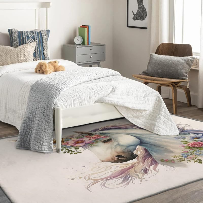 Miniatura 2 de Alfombras de unicornio para entrada, dormitorio, sala de estar, alfombra de flores de animales de 2 x 3 pies, lavable, antideslizante, suave,