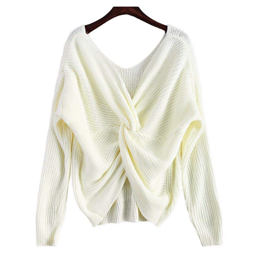 LifeShe V Neck Women Sweaters and Pullovers Twisted Back Jumpers