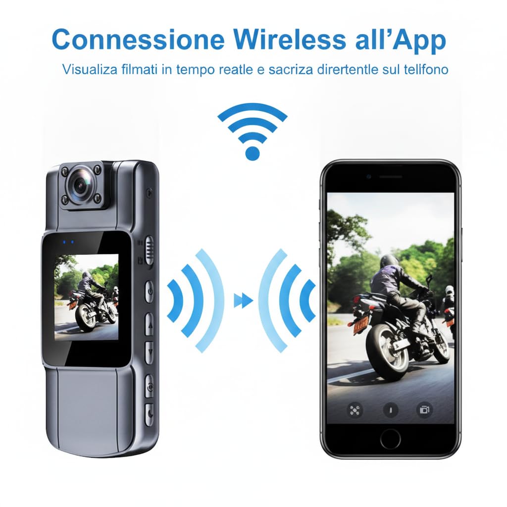 Telecamera wireless per il corpo, videocamera da casco per moto, Smart Camera HD 1080P con obiettivo rotante a 180°, registratore esterno wireless per ciclismo e motociclismo, schermo da 1,54 pollici