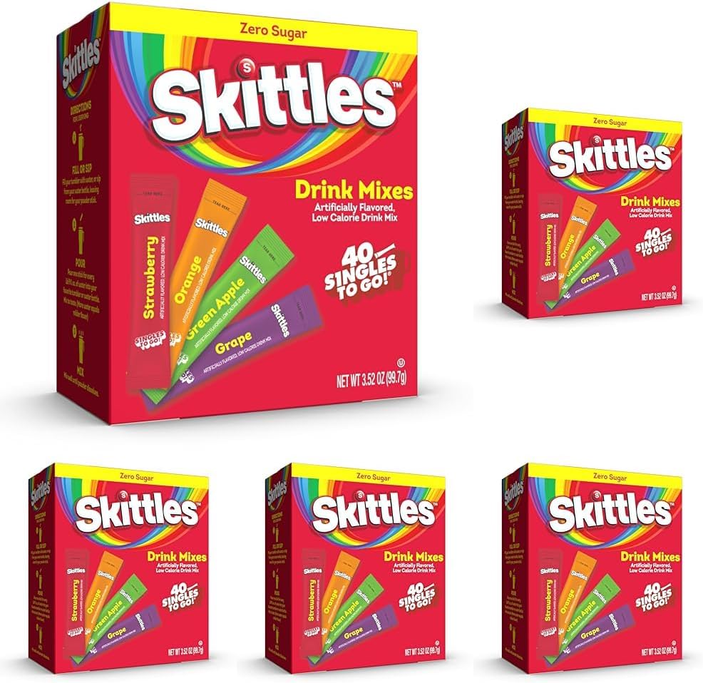 Skittles Singles To Go Variety Pack, 40 Count, Powdered Drink Mix, Zero Sugar, Low Calorie, Includes 4 Flavors: Green Apple, Strawberry, Grape, Orange, 40 Total Servings (Pack of 5)