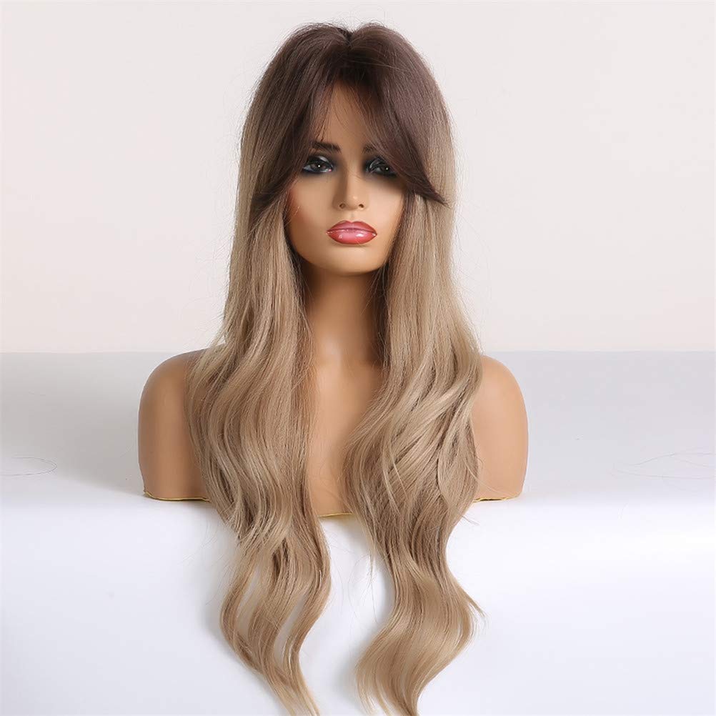 Perruque synthétique lacet blonde brune ombrée longue 18 pouces avec frange pour femmes