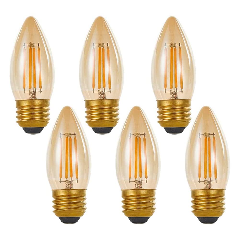 LED Filament Chandelier Bulb 4W, Vintage Classic Edison Style, E26 Standard Base Amber Glass Light Bulbs, Gold Tint Round Tip, 40W Equivalent, Ultra Warm White 2200K, Pack of 6