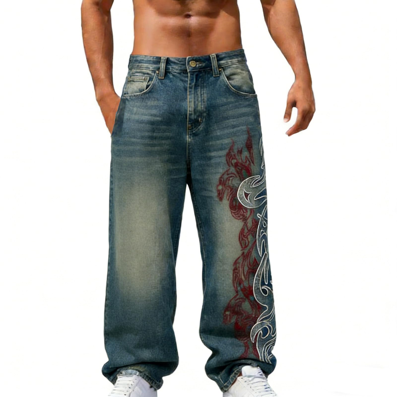 Jeans da uomo Essentials extra vintage hip hop, pantaloni baggy, comodi pantaloni per il tempo libero con motivo ricamato, vita media, gamba dritta, per streetwear, hip hop