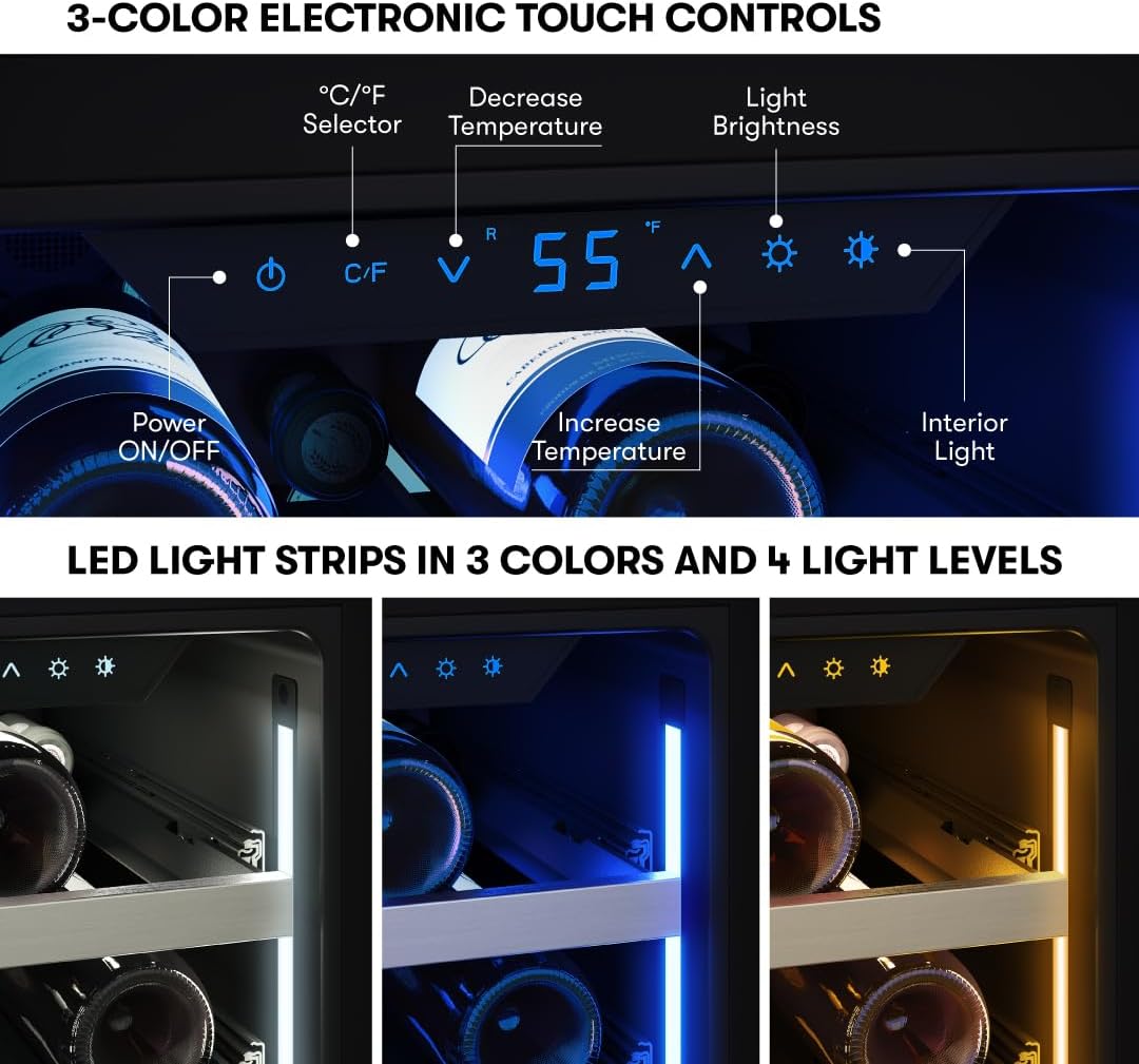 Zephyr Presrv Wine Cooler 3-Color Electronic Touch Controls and LED Light Strips