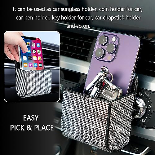 Image of Salior Rhinestone Vent Storage Organizer, Leather Pocket, Bling Accessories for Women or Man, Multipurpose Sunglass and Coin Holder for Car Decorations, Black