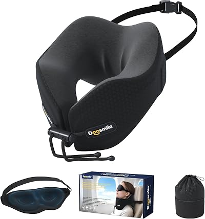 Novelty Patent Head-Bobble-preventing Ergonomic 360° Supporting Memory Foam Travel Neck Pillow w/ 3D Contoured Eye Mask Long Trip Sleeping Essentials Combo for Airplane Car (Black, L)