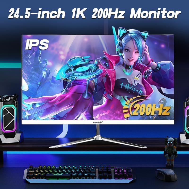Gawfolk 24,5 Zoll Gaming Monitor 200 Hz, PC Bildschirm mit Lautsprechern, FHD 1920x1080 Rahmenlose Computermonitore, IPS Monitor, Adaptive Sync, 100% sRGB, DisplayPort, HDMI, Augenpflege 5