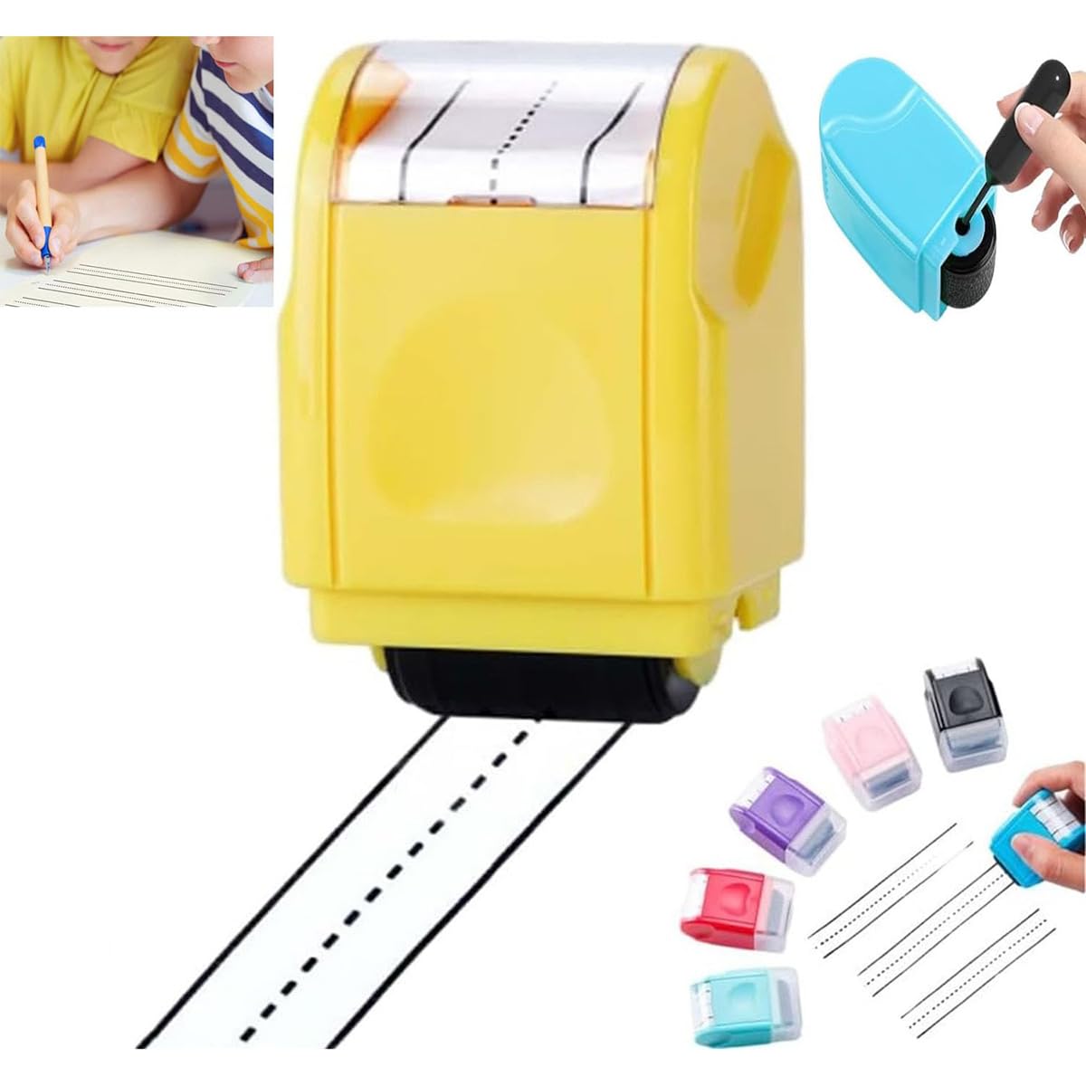 Race Track Stamp Roller Car Track Stamp Roller Handwriting Lines Stamp Roller Writing Lines Stamp Roller Dashed Handwriting Lines Practice Roller Stamp Line Road Stamp Roller for Kids (Yellow)
