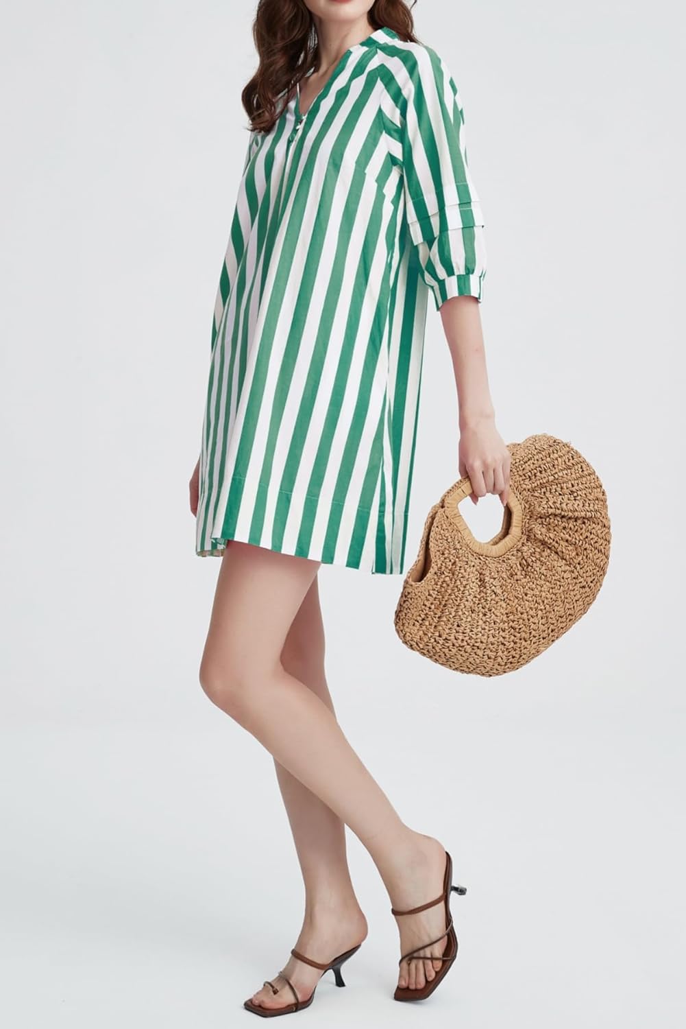 Womens Striped Mini Dress V Neck Casual Summer 3/4 Lantern Sleeves Loose Beach Tunic Shift Dresses - Image 7