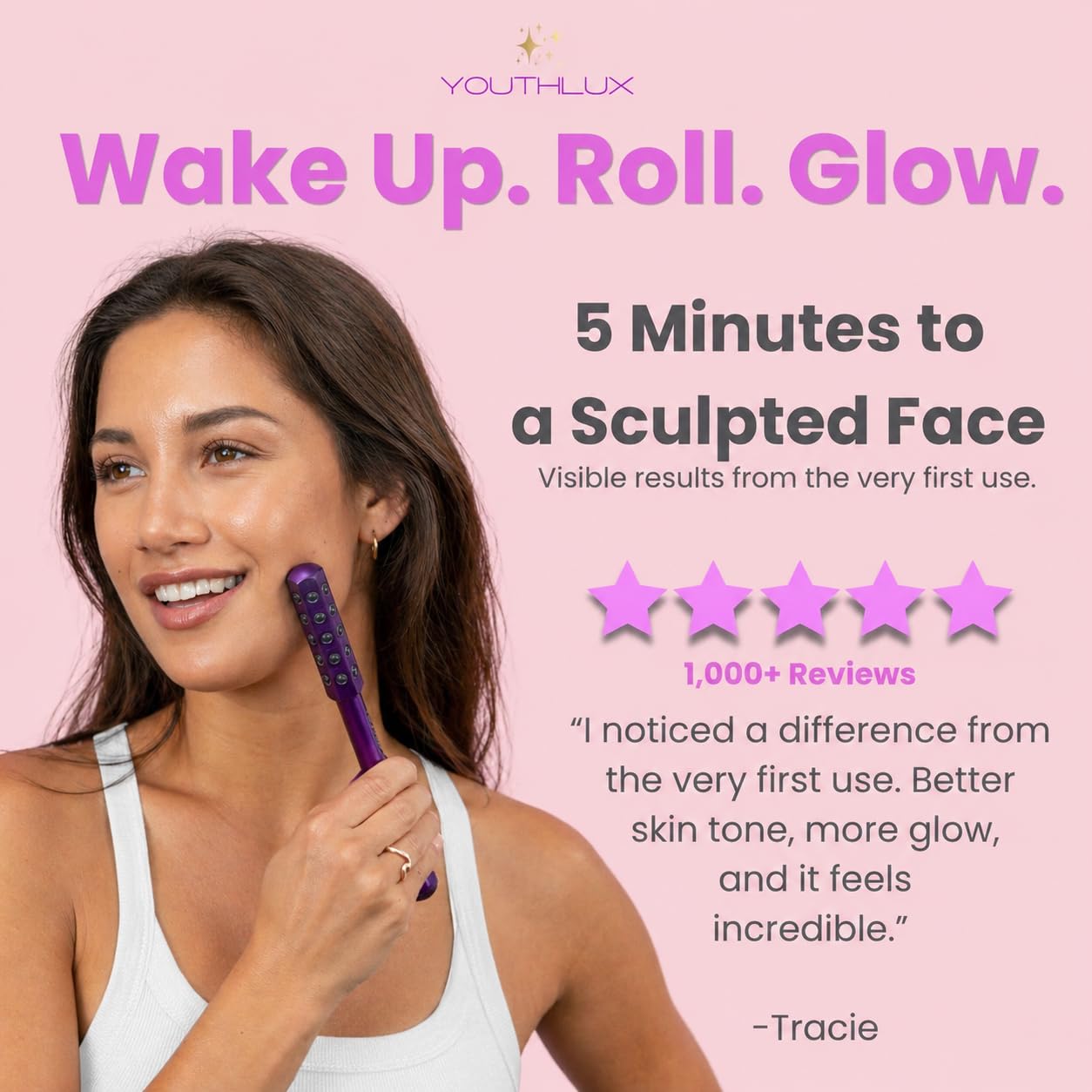 Radiance Roller – Germanium Stone Facial Massage Tool/Wand Face Roller for Lifting, Sculpting, De-Puffing, Glow Boost, Energizing & Cooling Effect (Purple)