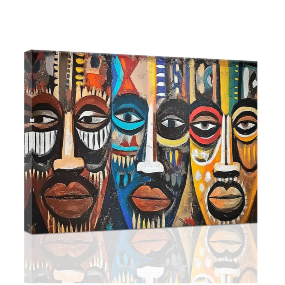 ZXHYWYM African Masks Wall Art Vintage Tribal Painting Black Art Prints African Traditional Culture Canvas Afro Ethnic Pictures African American Wall Decor Framed (Blue, (70.00 x 105.00 cms))