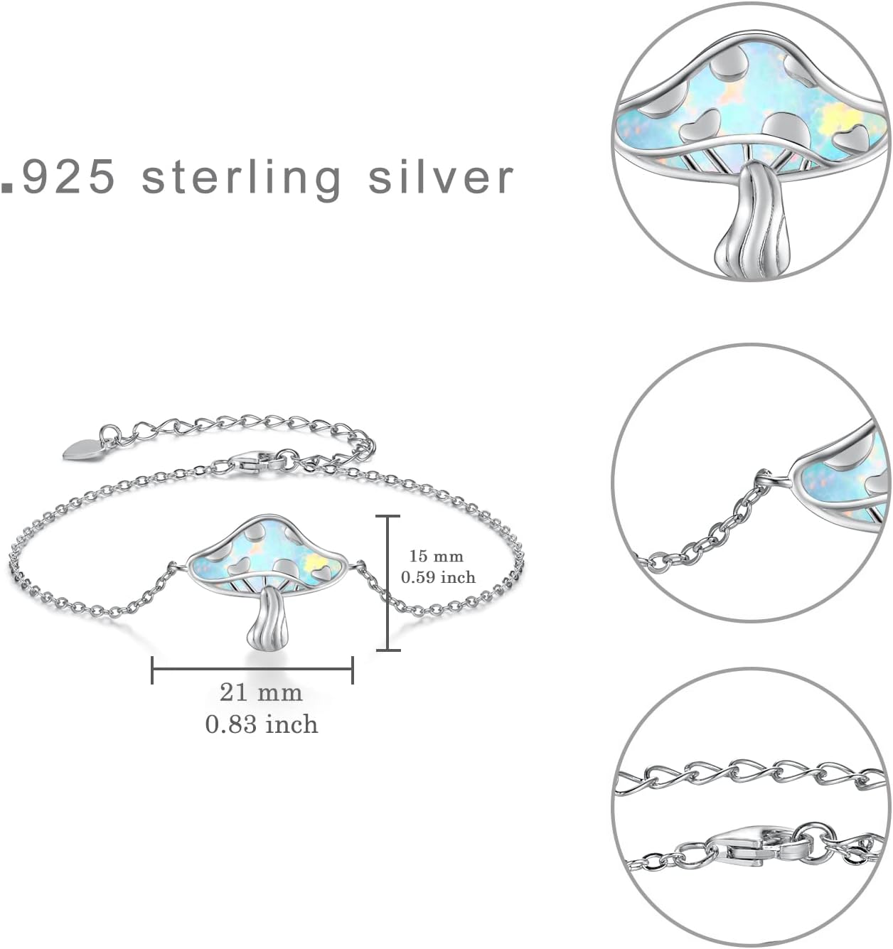 TYSO Mushroom Bracelet 925 Sterling Silver White/Pink/Blue Opal Mushroom Bracelet Jewelry Gift for Women - Image 6