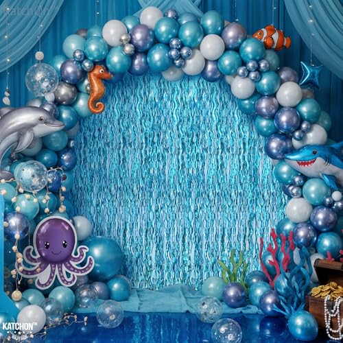 Image of Katchon, Xtralarge Wavy Blue Foil Fringe Curtain - Pack of 2 | Blue Streamers for Under The Sea Party Decorations | Foil Fringe Backdrop for Birthday, Cruise Door Decorations, Pool Party Decorations | Katchon, Xtralarge Wavy Blue Foil Fringe Curtain - Pack of 2