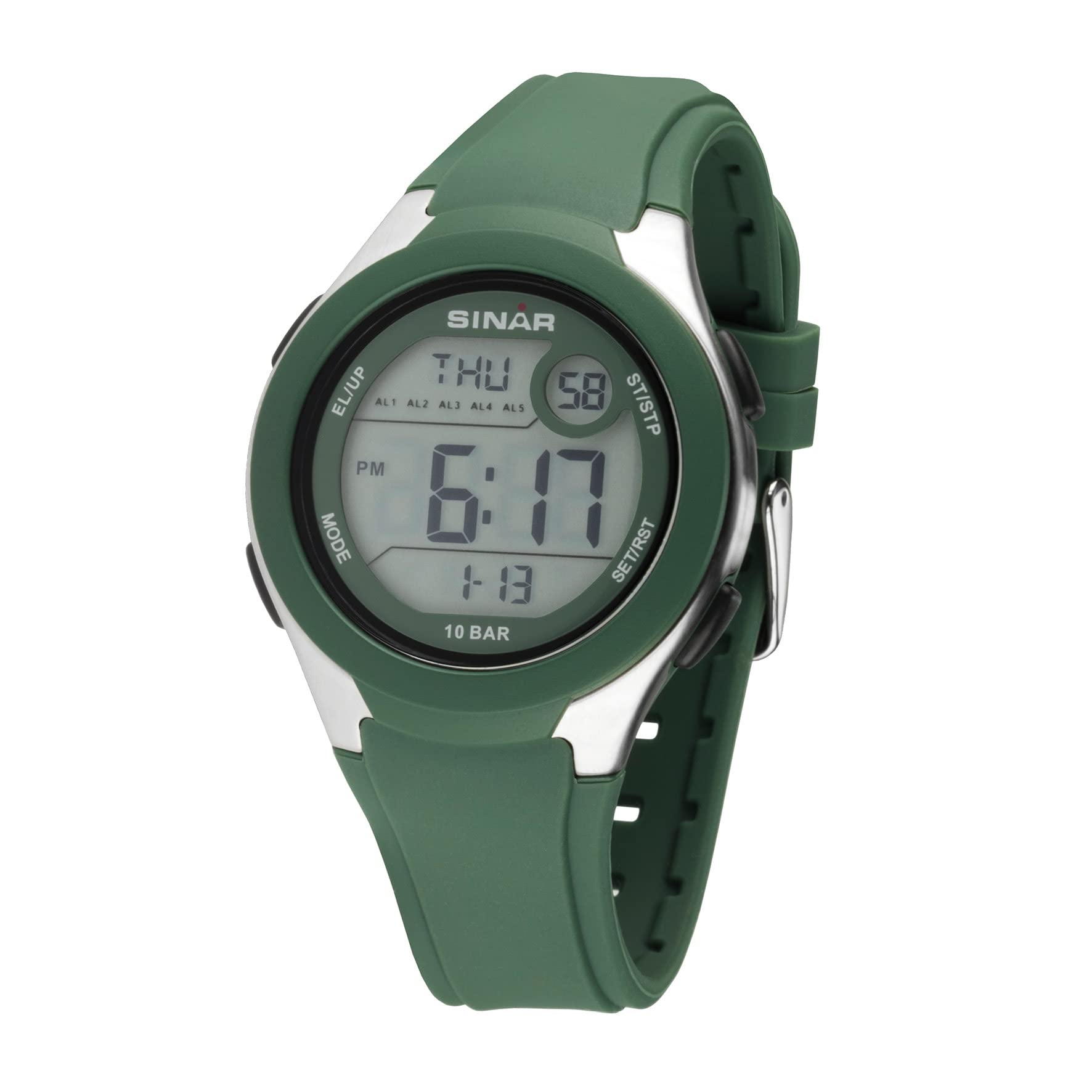 SINAR Zegarek damski męski młodzieżowy zegarek na rękę unisex zegarek sportowy outdoor cyfrowy kwarcowy 10 bar z silikonowym paskiem, 5 alarmów i światła khaki zielony XV-19-3