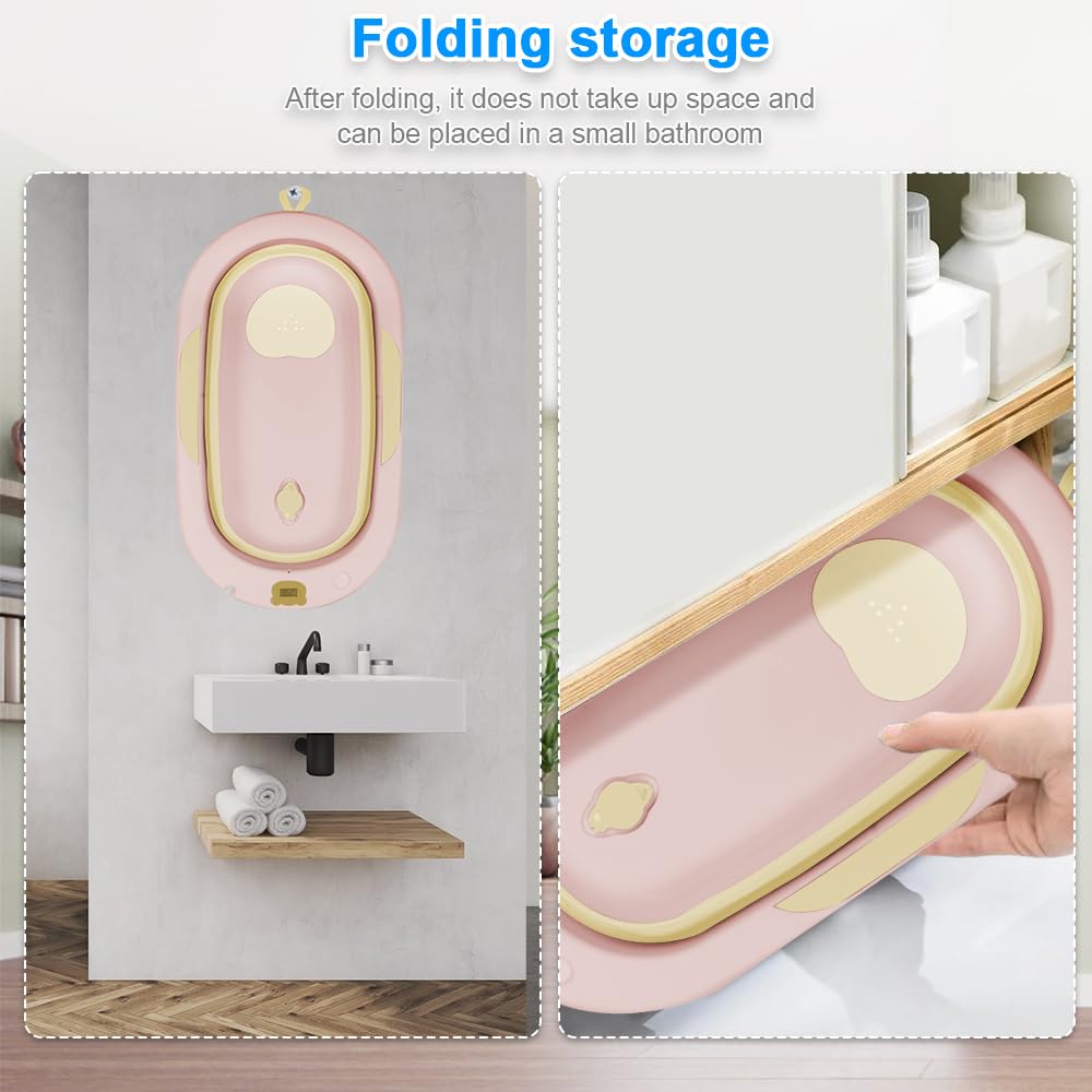 Bañera plegable para bebé con cojín de baño, ergonómica, antideslizante, para recién nacidos, bebés de 0 meses+, bañera termostática con alfombrilla de baño y gorro de ducha
