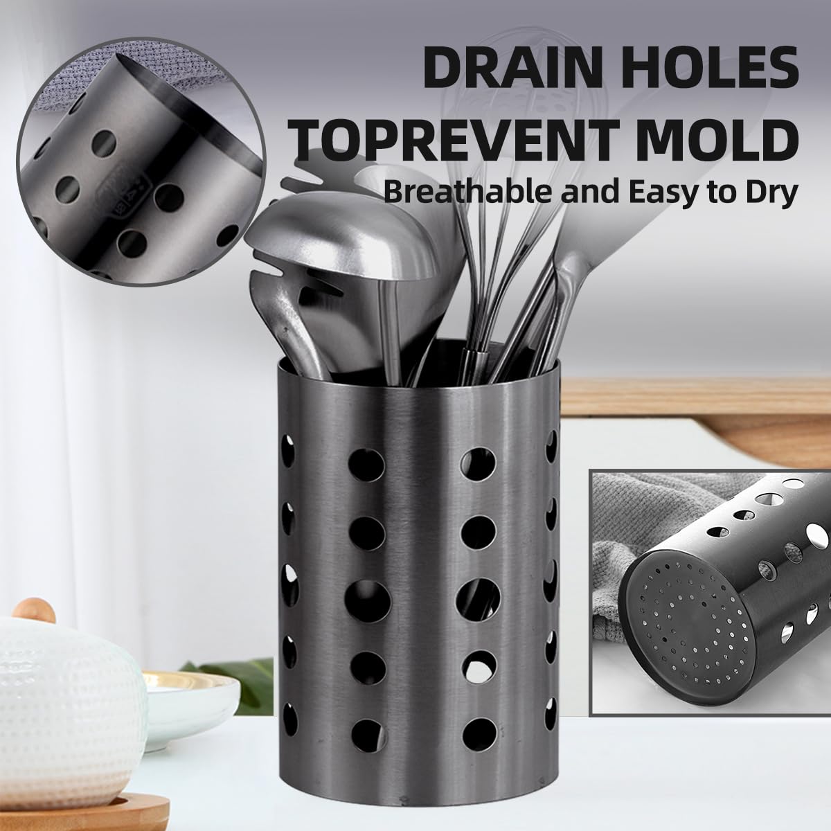 QRU Soporte para utensilios de cocina para encimera (6.7 pulgadas de alto x 4.1 pulgadas de ancho), organizador de utensilios de cocina de acero inoxidable para herramientas, espátulas, cucharas,