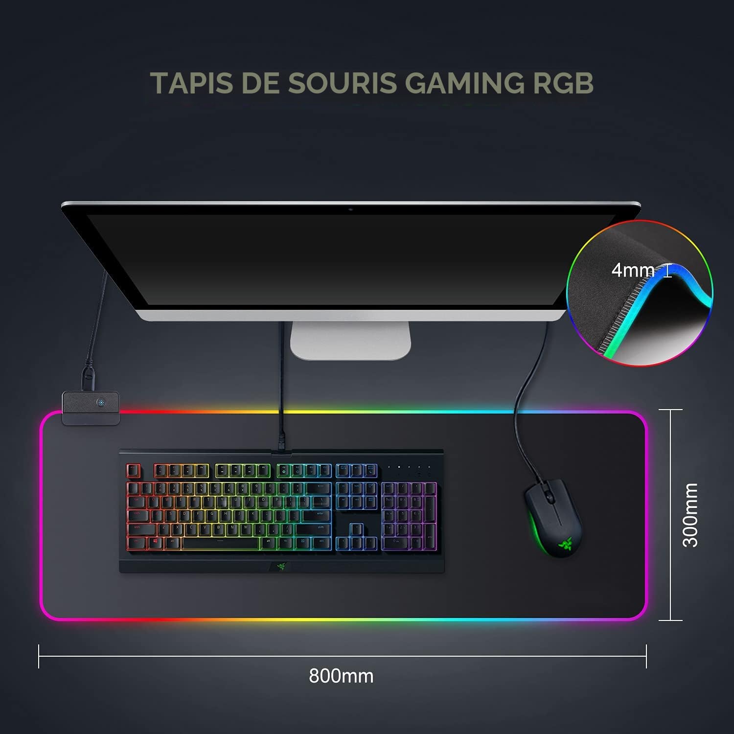 Tapis de Souris Gaming RGB XXL 800 x 300 mm, 14 Effets LED, Étanche, Antidérapant