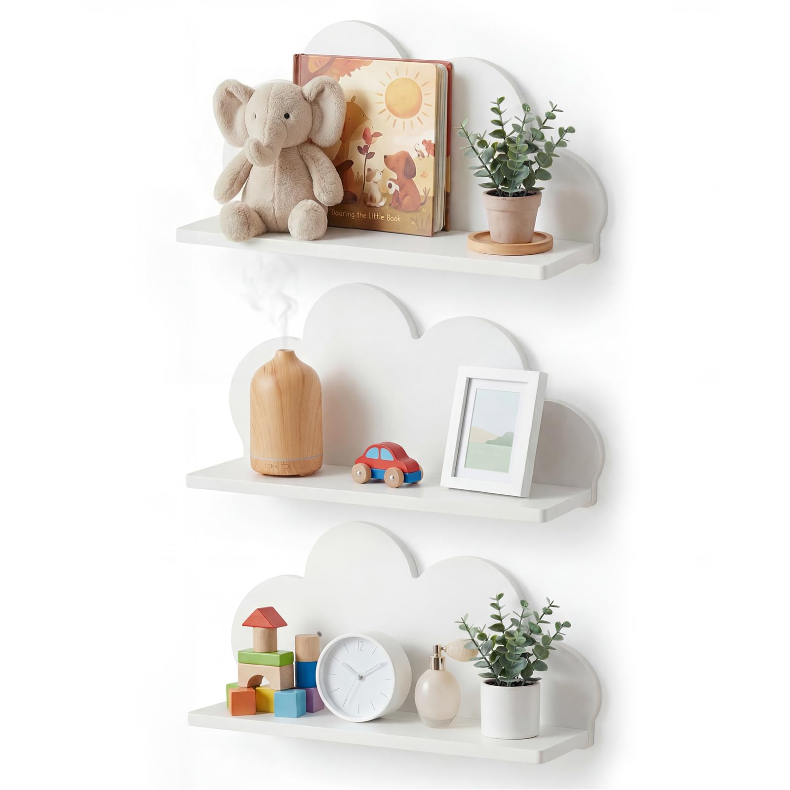 LOUJINGREO 3 Pcs Cloud Shaped Floating Shelves for Nursery,Wall Mounted Kids Bookshelf & Toy Storage Display Rack,White Wooden Decorative Shelving for Nursery Baby Room Bedroom,Easy to Install