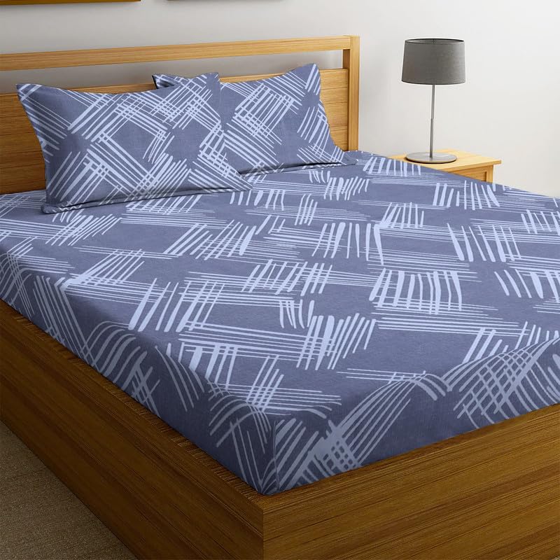 Image of NEW LEAF Premium Cotton Elastic Fitted Bedsheets with 2 King Size Pillow Covers | Double Bed with All Around Elastic 180 TC Supersoft |Size-72 King Sizex78+10 inches | Texture, Grey & White