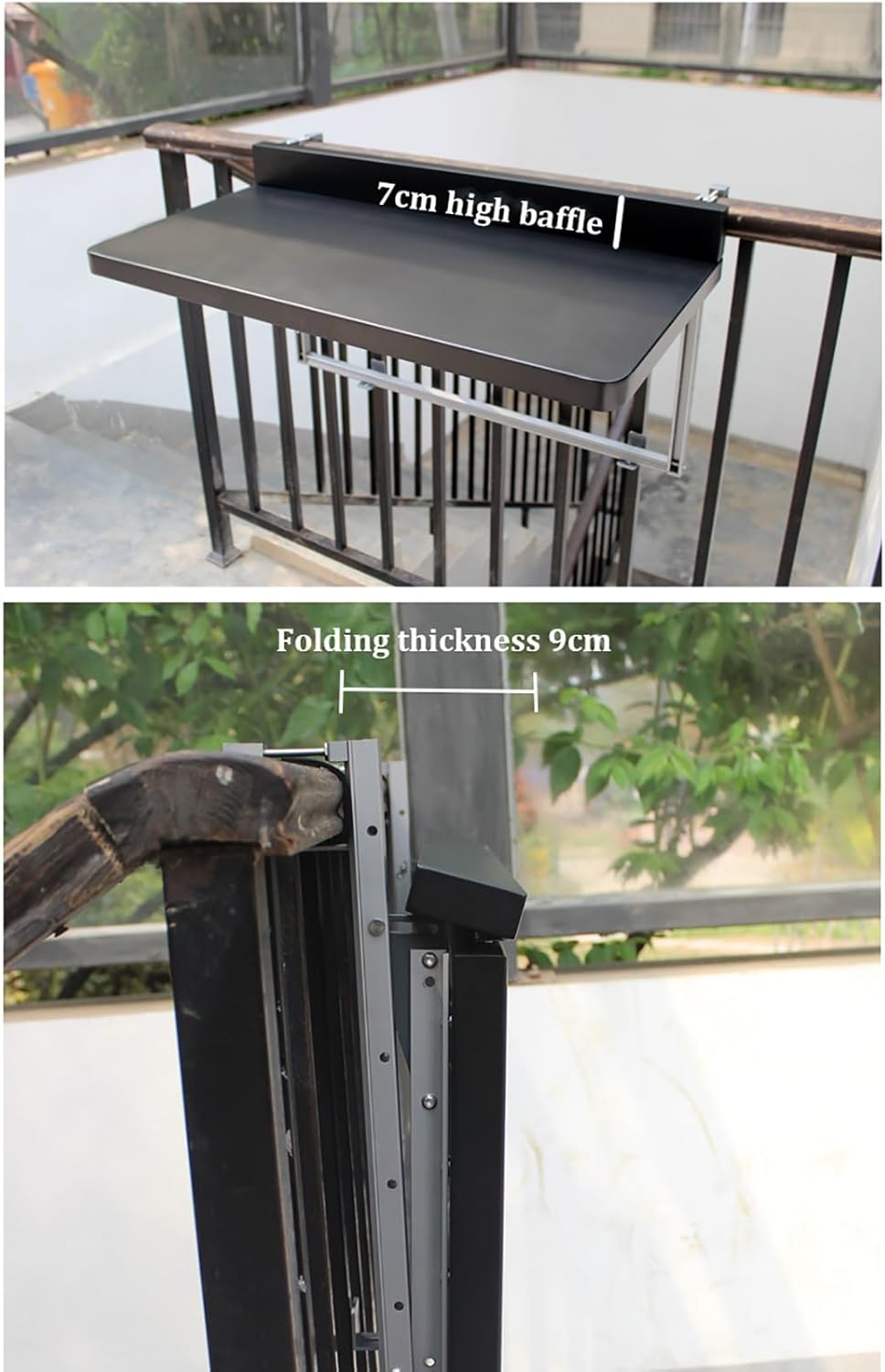 Folding Balcony Bar Table Outdoor Railing Serving Table, Space-Saving, Hanging Adjustable Deck Table for Patio, Garden,Terrace, Deck, Backyard