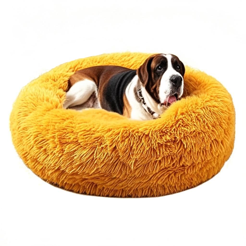 Calming Donut Dog Bed for Large Medium Dogs, XL Fluffy Anti Anxiety Dog Beds with Removable Washable Cover, Luxury Cozy Cuddler Round Long Plush Pet Bed with Anti-Slip Bottom,Yellow,70cm/27.56”