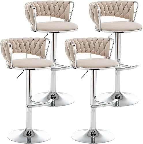 Miniatura 35 de Juego de 2 taburetes de bar de terciopelo, taburetes de altura de mostrador con respaldo bajo, taburete de bar giratorio dorado para isla de cocina,
