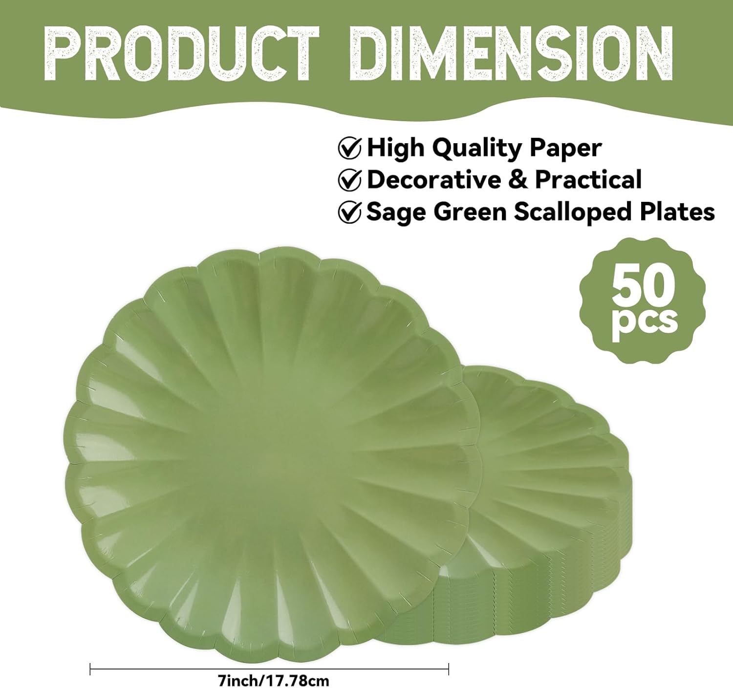 50Pcs Large Scalloped Sage Green Paper Plates 7Inch Shell Edge Dessert Plates for Cake Salad Fruit Disposable Dessert Serving Plates for Birthday Wedding Baby Shower Party Decorations - Image 2