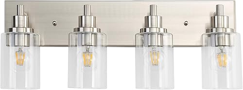 Miniatura 2 de LOUSACE Lámpara de tocador de baño de 4 luces de níquel cepillado, accesorios de iluminación de baño con pantallas de vidrio transparente sobre