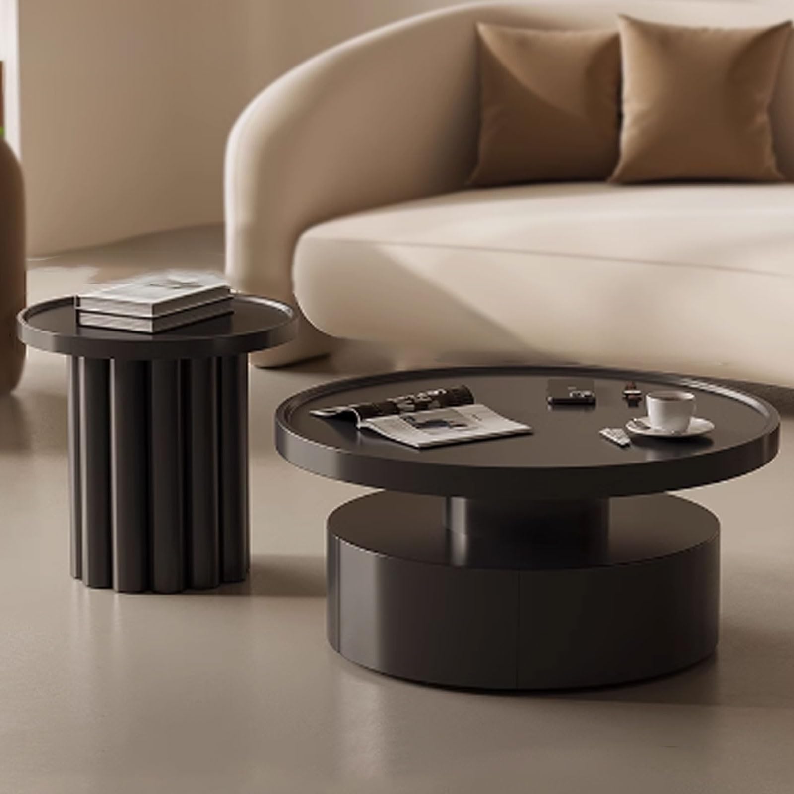 Zestaw 2 Stolików Kawowych, Stolik Boczny ze Schowkiem, Stoliki Końcowe do Salonu, Małe Okrągłe Stoliki Kawowe do Salonu E1 Engineered Wood na Balkon, Pokój do Negocjacji(Black+black,Small)