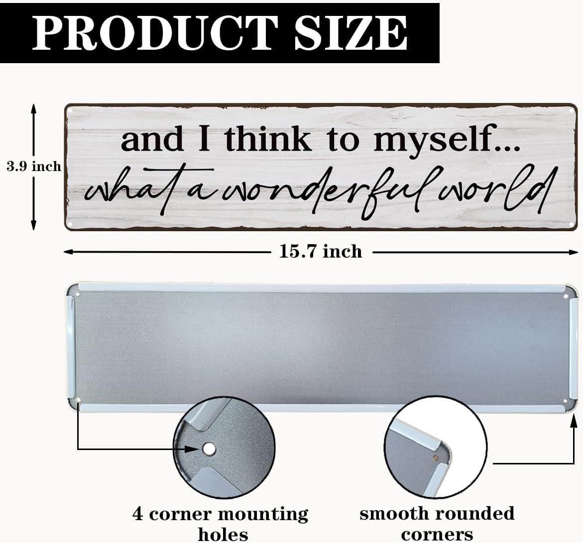 And I Think To Myself What A Wonderful World Sign, Retro Metal Tin Sign, Farmhouse Family Wall Decor, Wall Art Decor Iron Poster, For Home Living Room Bedroom 15.8x4 Inch