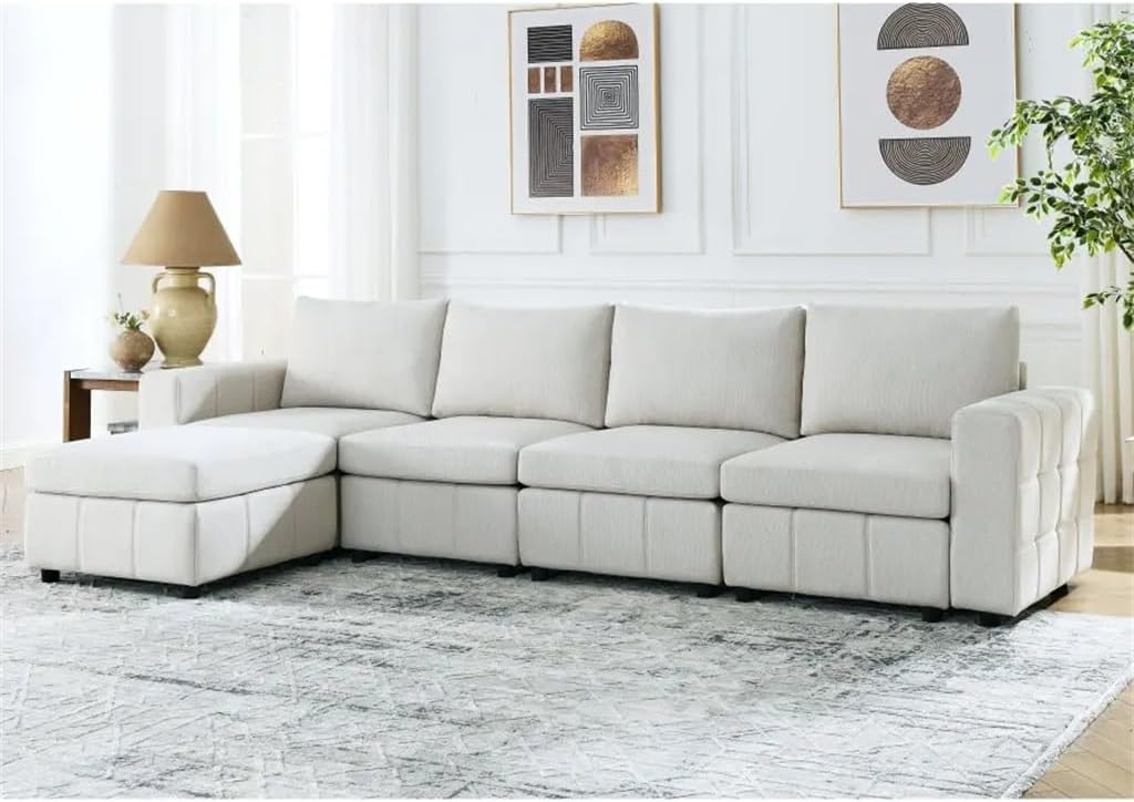Upholstered Modular Sofa, L Shaped Sectional for Living Room Apartment(4-Seater with Ottoman)